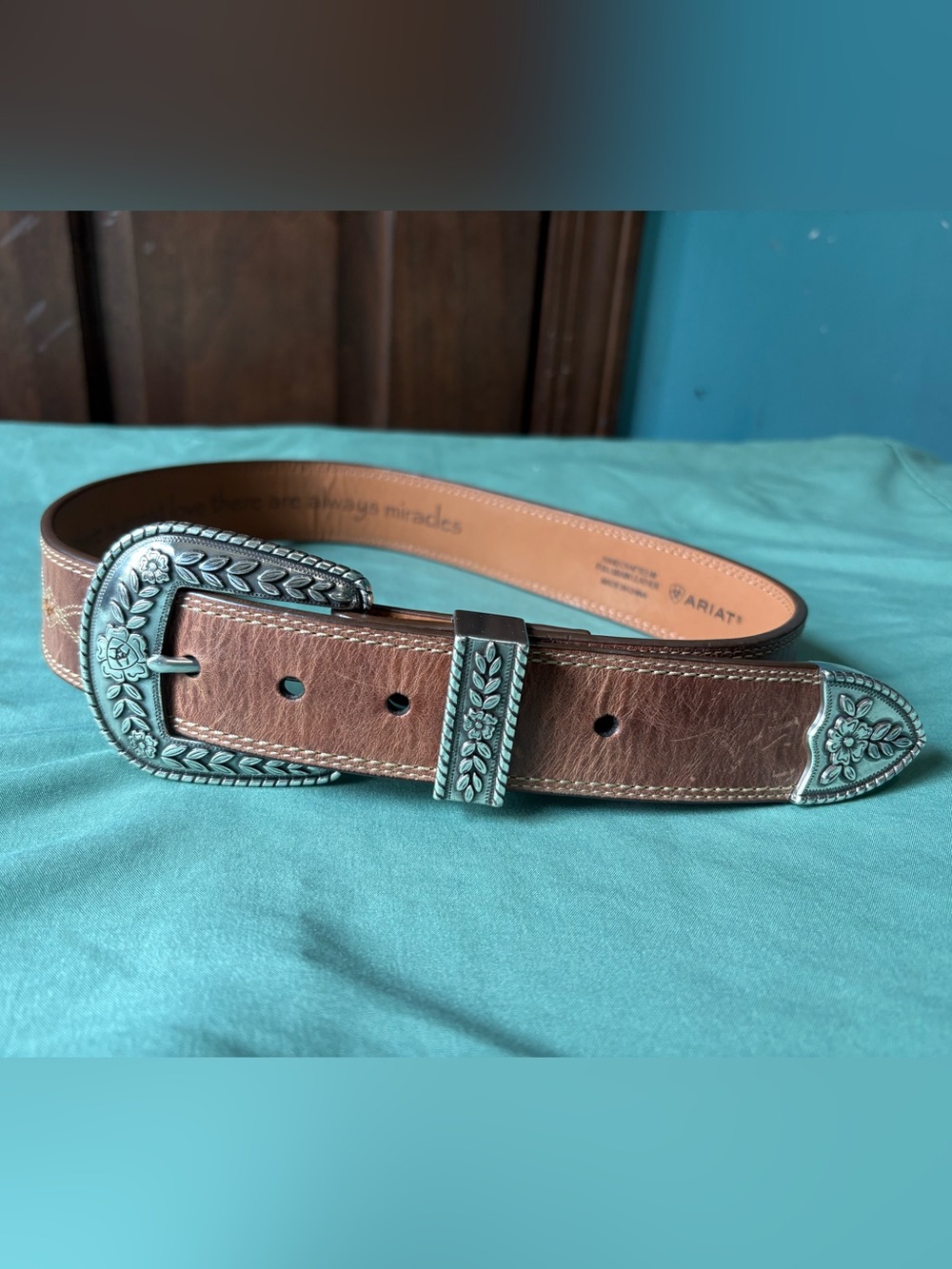 Ariat Brown Leather Western Belt with Ornate Silver Buckle